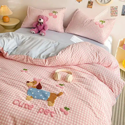 Pink new year dog cotton bedding set featuring pink and white gingham duvet cover with embroidered dachshund design
