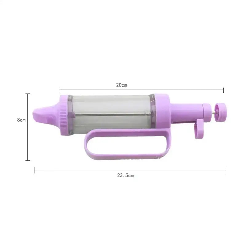 Purple plastic cream decorating gun with clear cylindrical barrel and ergonomic handle for easy grip in baking set