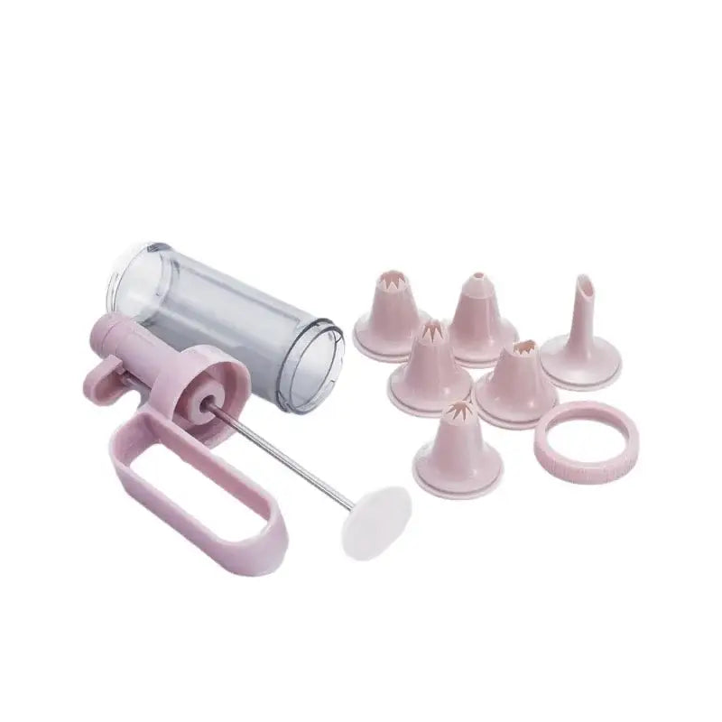 Pink plastic cream decorating gun kitchen baking set with clear glass barrel and assorted nozzles for cream decorating