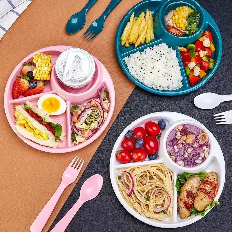 Pink plastic portion control plate with compartments for rice vegetables and sandwich for kids meal trays