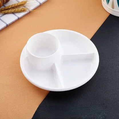 White ceramic portion control plate with central cup and two rectangular compartments for kids meal tray use