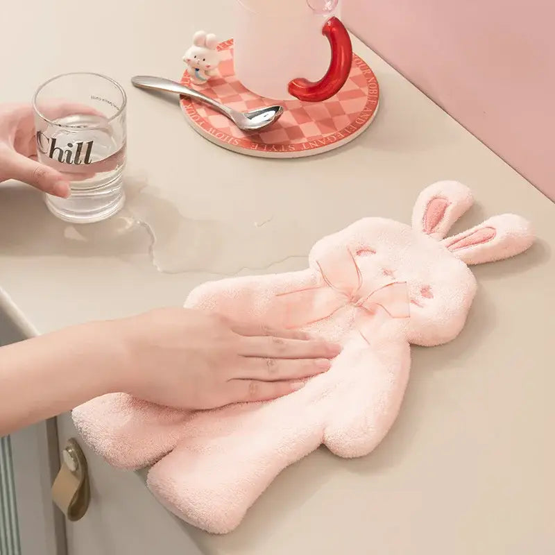 Pink plush cartoon rabbit hand towel with embroidered face and bow tie for bathroom and kitchen decorbites cartoon rabbit