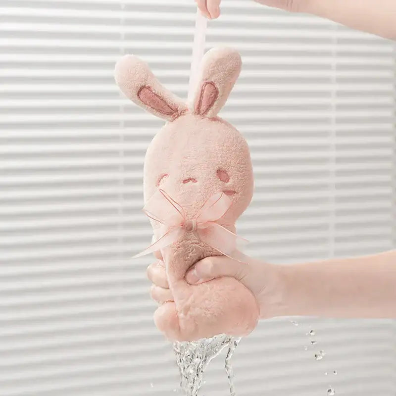 Pink plush cartoon rabbit hand towel with sheer ribbon bow for bathroom and kitchen decorbites cartoon rabbit