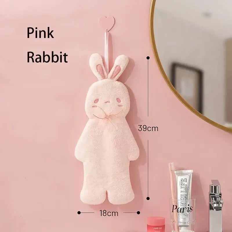 Pink plush cartoon rabbit hand towel with embroidered face and heart-shaped hook for bathroom and kitchen decorbites cartoon rabbit