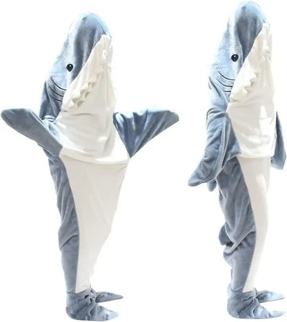 Blue and white plush cozy shark blanket onesie with black eyes and stitched smile from decorbites cozy shark collection