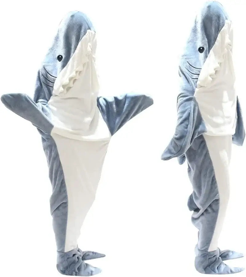 Blue and white plush cozy shark blanket onesie with black eyes and stitched smile from decorbites cozy shark collection