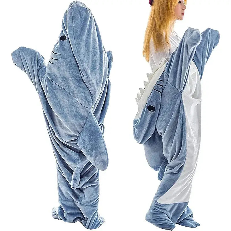 Blue plush cozy shark onesie with white underbelly and black eye details from decorbites cozy shark blanket collection