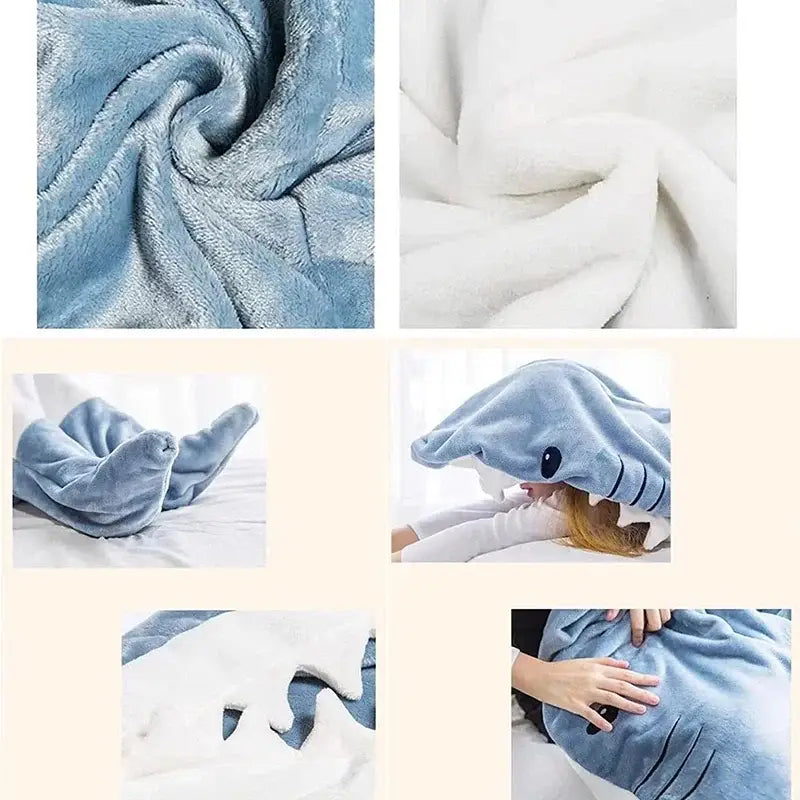 Soft blue plush cozy shark blanket with white accents and embroidered details from decorbites cozy shark collection