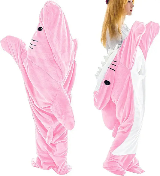Pink plush cozy shark blanket onesie with white accents and black eyes by decorbites cozy for bedroom use