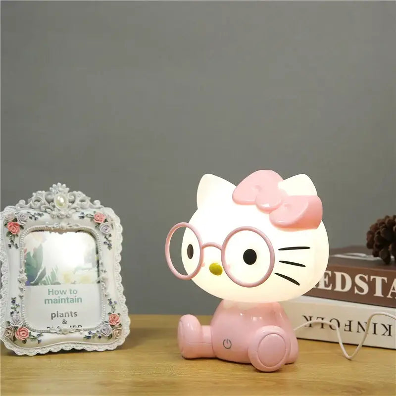 Pink hello kitty night light with round glasses and bow for bedroom table lamp decorbites cartoon animal night light