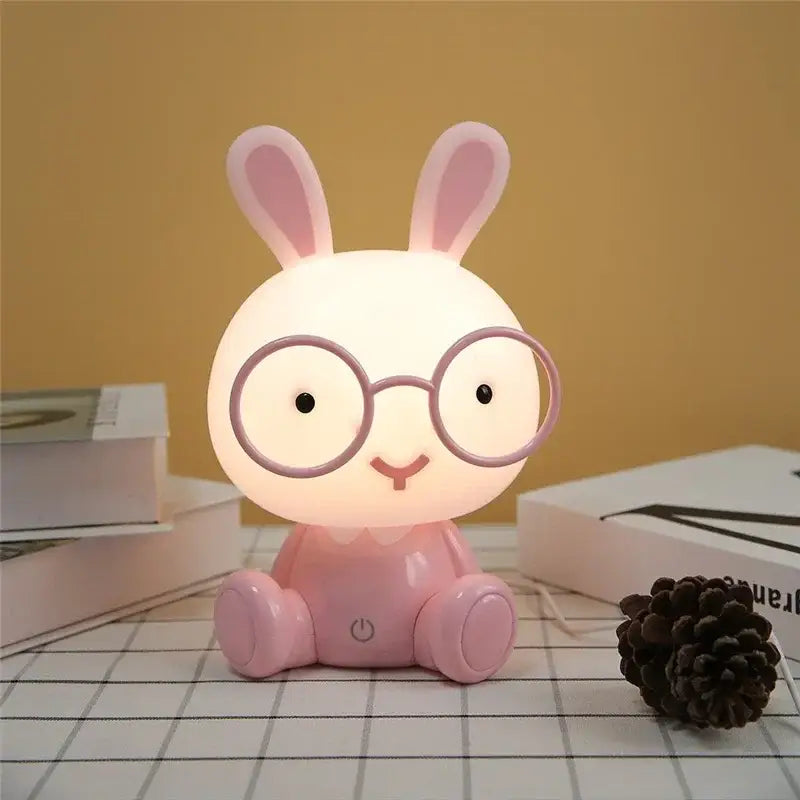 Pink rabbit-shaped night light with round glasses and smiling face for decorbites cartoon animal night bedroom table lamp
