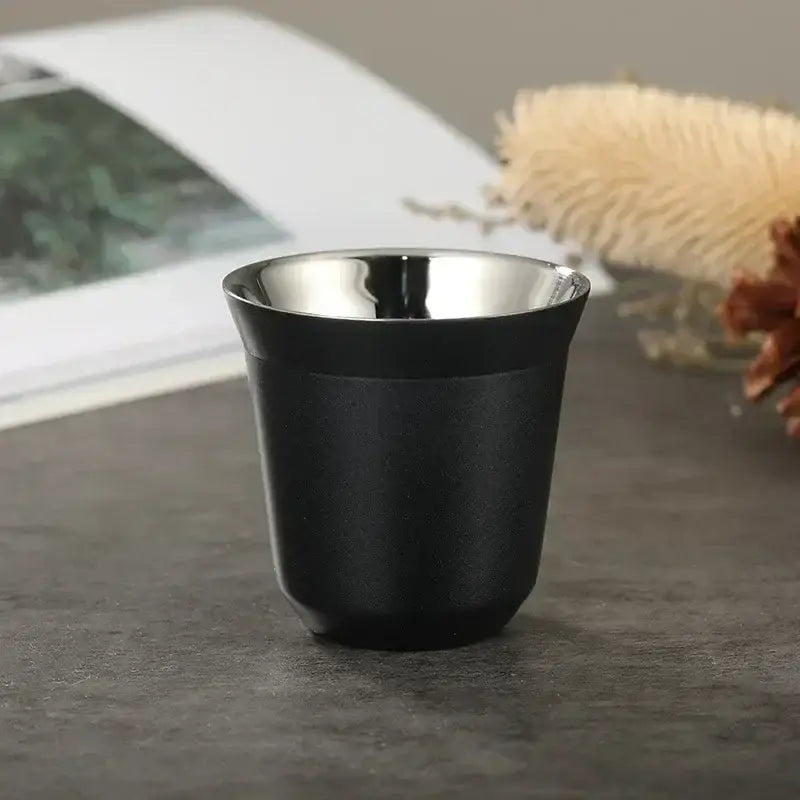 Black matte double wall espresso travel cup with shiny stainless steel interior in pink red and green kitchen set of 3