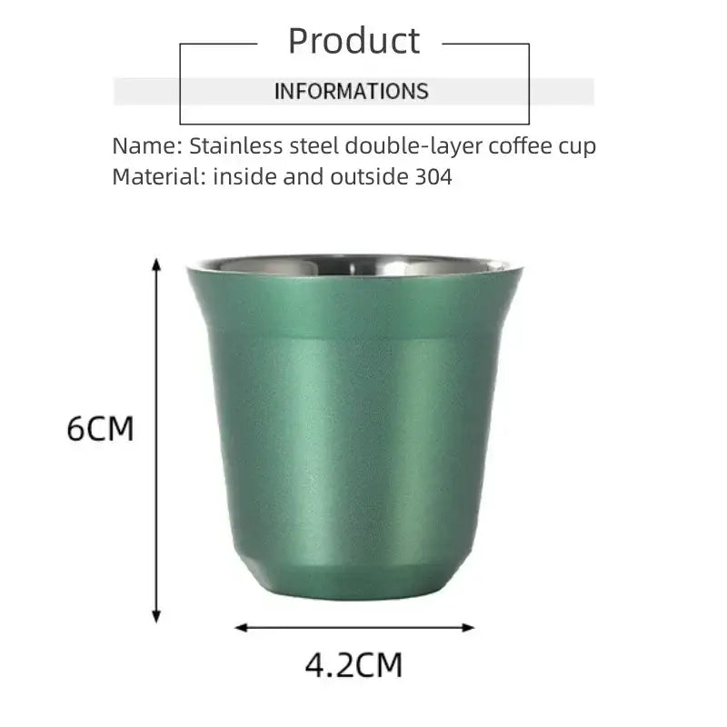 A sleek matte green stainless steel double wall espresso mug with a polished metallic rim from a kitchen set of 3