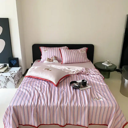 Pink and white striped satin blanket set with red trim and embroidered dog motifs made of decorbites cool lyocell fiber