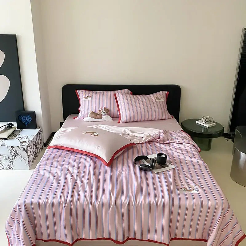 Pink and white striped satin blanket set with red trim and embroidered dog motifs made of decorbites cool lyocell fiber