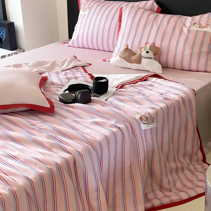 Pink and red striped cool lyocell fiber blanket set with embroidered dog patches for bedroom decorbites cool lyocell decor