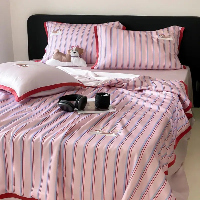 Pink and red striped satin blanket set with embroidered dog motifs made of decorbites cool lyocell fiber for bedroom decor