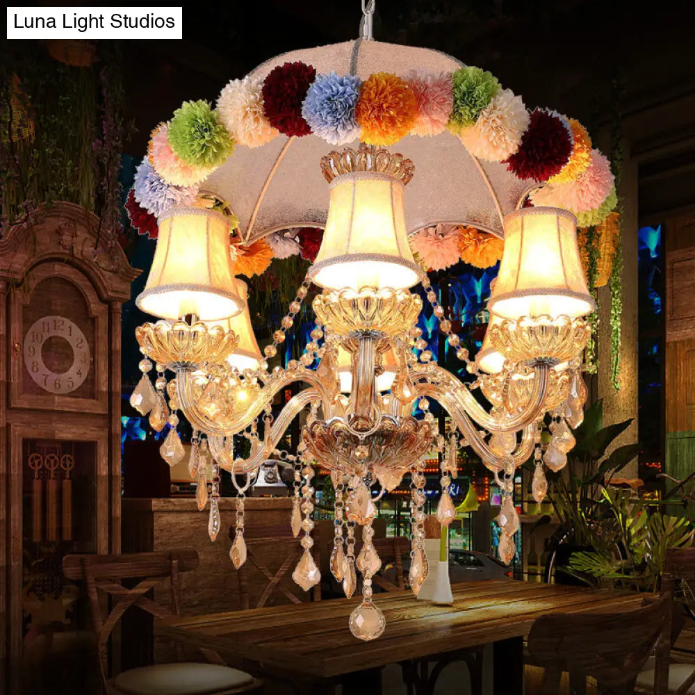 Pink Retro 6-Bulb Fabric Chandelier with Crystal Accents and Floral Ball Ornament