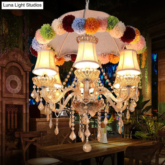 Pink Retro 6-Bulb Fabric Chandelier with Crystal Accents and Floral Ball Ornament