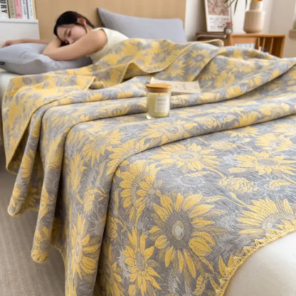 Yellow and gray sunflower-patterned decorbites cotton towel blanket with textured weave for bedroom quilt use