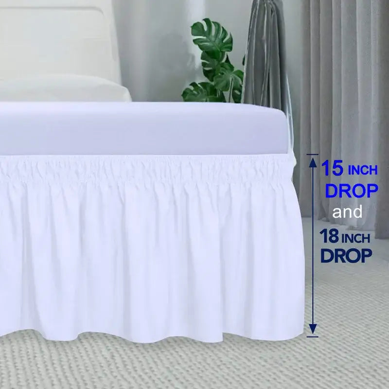 White ruffled solid color elastic bed skirt with elasticized waistband for soft wrap around bedroom use