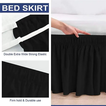 Black solid color elastic bed skirt with double extra wide strong elastic for firm hold and durable use