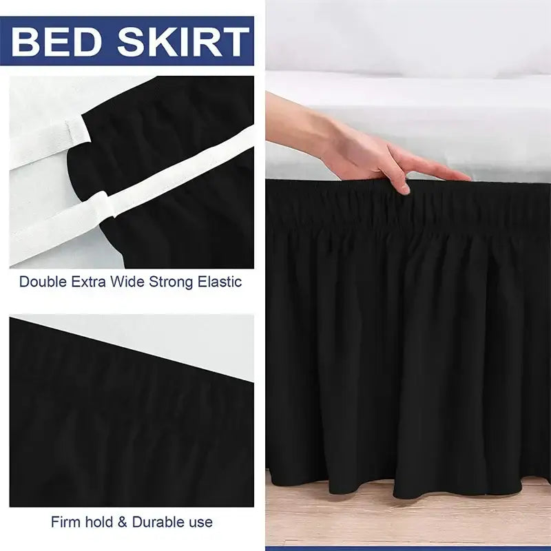 Black solid color elastic bed skirt with double extra wide strong elastic for firm hold and durable use