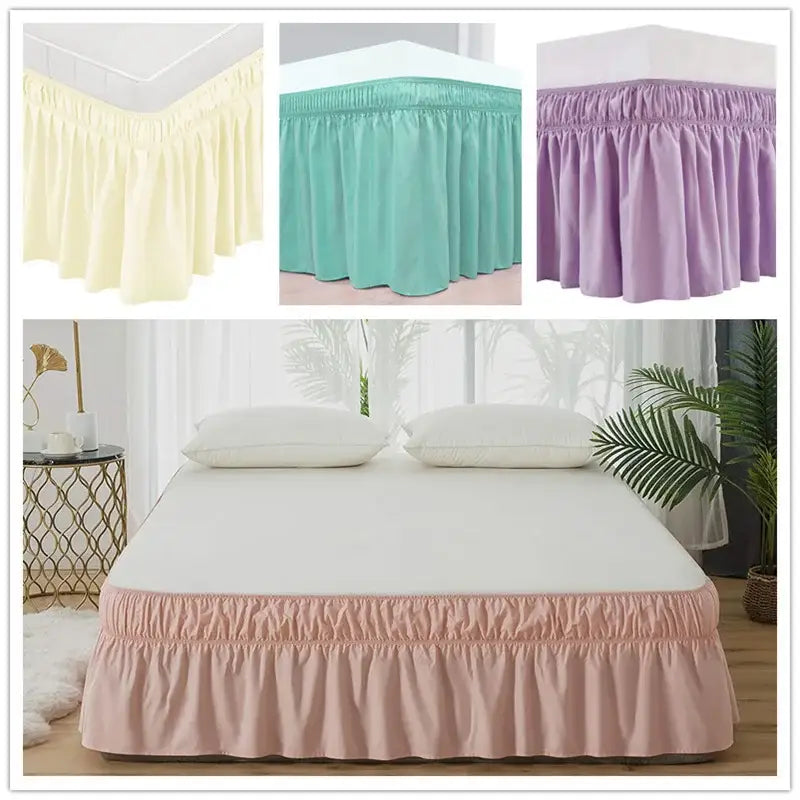 Pink ruffled elastic bed skirt with soft fabric and elasticated waistband for a solid color bedroom wrap around use