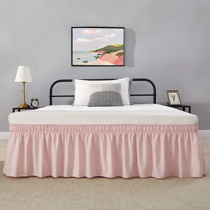 Pink ruffled solid color bed skirt with elasticized hem soft wrap around elastic bed skirt for bedroom use
