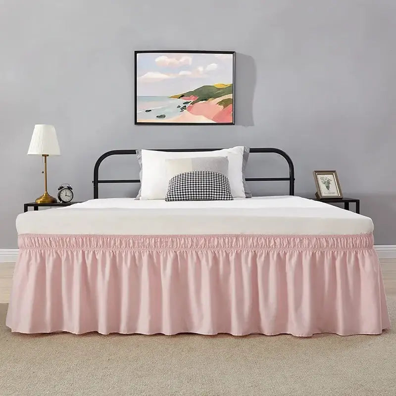 Pink ruffled solid color bed skirt with elasticized hem soft wrap around elastic bed skirt for bedroom use