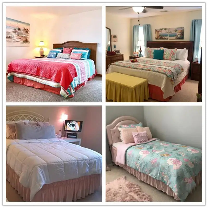 A cozy bedroom featuring a bed with a wooden headboard and a pink ruffled elastic bed skirt wrap around