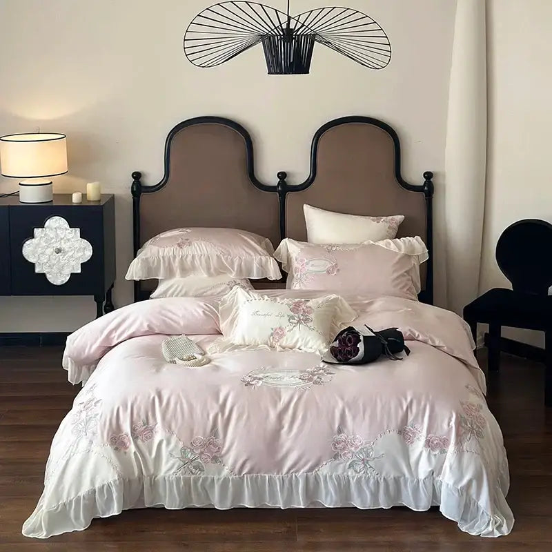 Pink satin egyptian cotton flowers bedding set with delicate floral embroidery and white lace ruffles for bedroom use