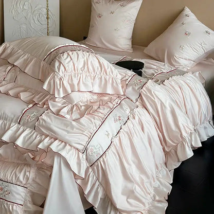 Pink satin embroidery lace ruffles bedding set with delicate floral design made from decorbites 1000tc cotton fabric