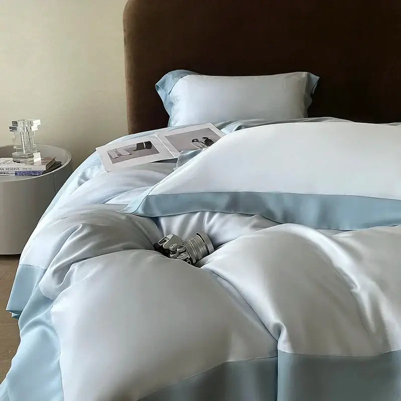 Light blue satin duvet cover with white accents and matching pillowcase in pink satin eucalyptus fiber bedding set decorbites eucalyptus fiber