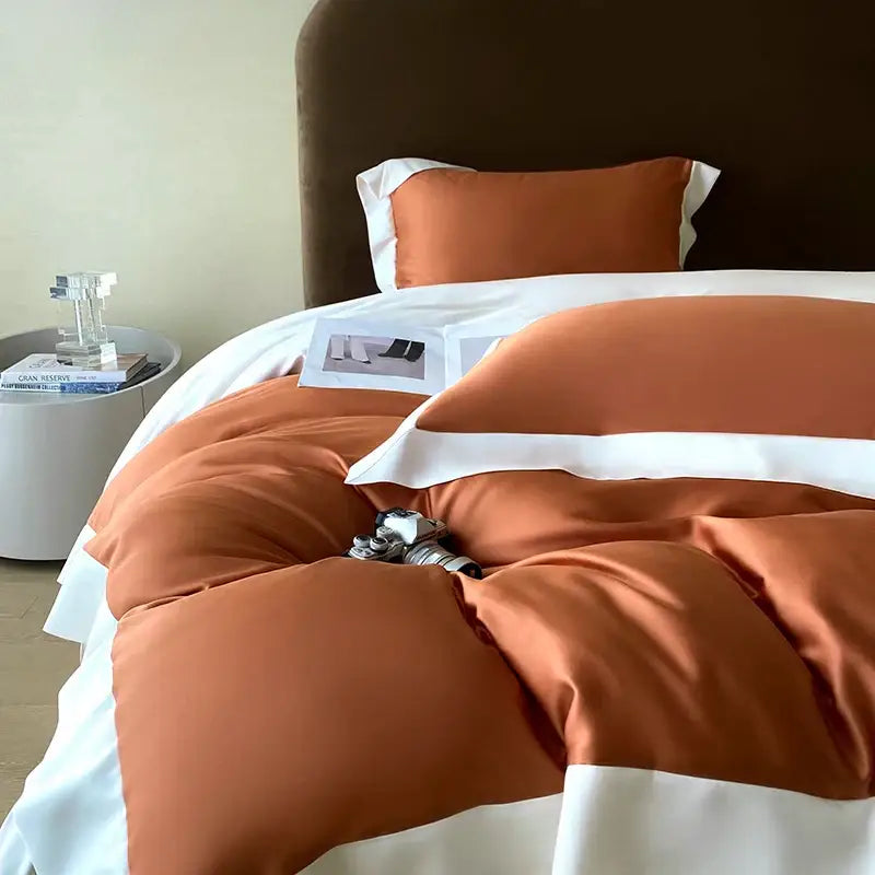 Warm terracotta satin eucalyptus fiber bedding set with white piping and matching pillowcases for bedroom luxury decorbites eucalyptus fiber