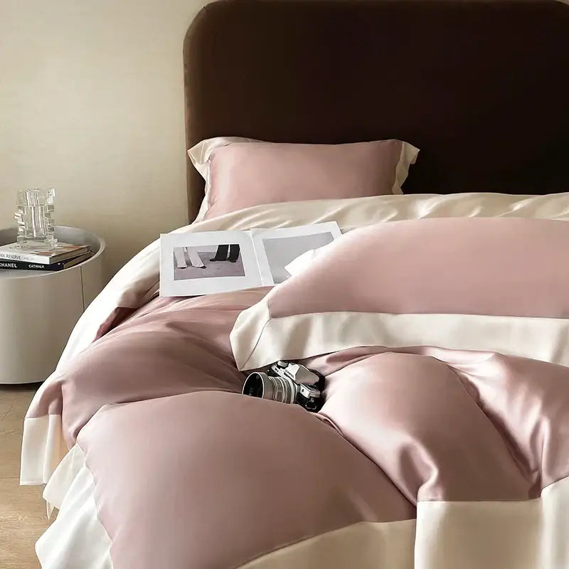 Pink satin eucalyptus fiber bedding set with cream accents featuring a soft glossy finish for bedroom luxury decorbites eucalyptus fiber