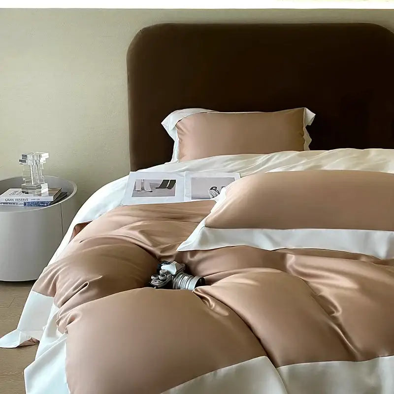 Beige and white satin eucalyptus fiber bedding set with quilted design from decorbites eucalyptus fiber collection