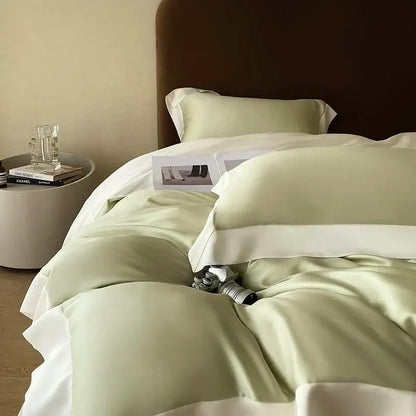 Soft sage green satin eucalyptus fiber bedding set with white piping and pillowcases by decorbites eucalyptus fiber