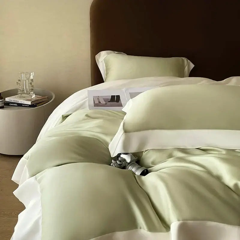 Soft sage green satin eucalyptus fiber bedding set with white piping and pillowcases by decorbites eucalyptus fiber