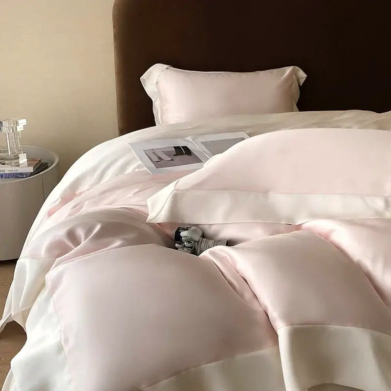 Pink satin eucalyptus fiber bedding set with blush-pink duvet and matching pillowcases for luxury bedroom decorbites eucalyptus fiber