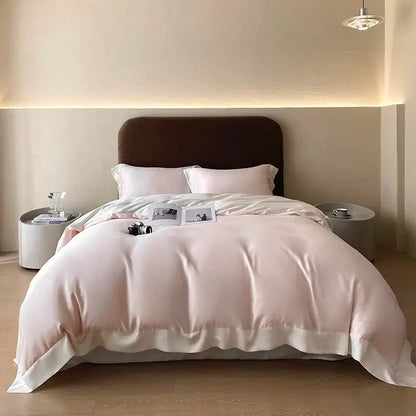 Soft blush pink satin duvet cover with white ruffled trim in pink satin eucalyptus fiber bedding set decorbites eucalyptus fiber