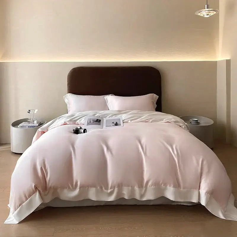 Soft blush pink satin duvet cover with white ruffled trim in pink satin eucalyptus fiber bedding set decorbites eucalyptus fiber