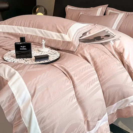 Pink satin jacquard duvet cover set with subtle woven rope patterns and contrasting white piping for bedroom use