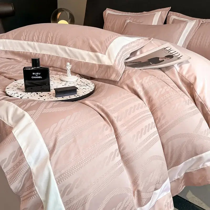 Pink satin jacquard duvet cover set with subtle woven rope patterns and contrasting white piping for bedroom use