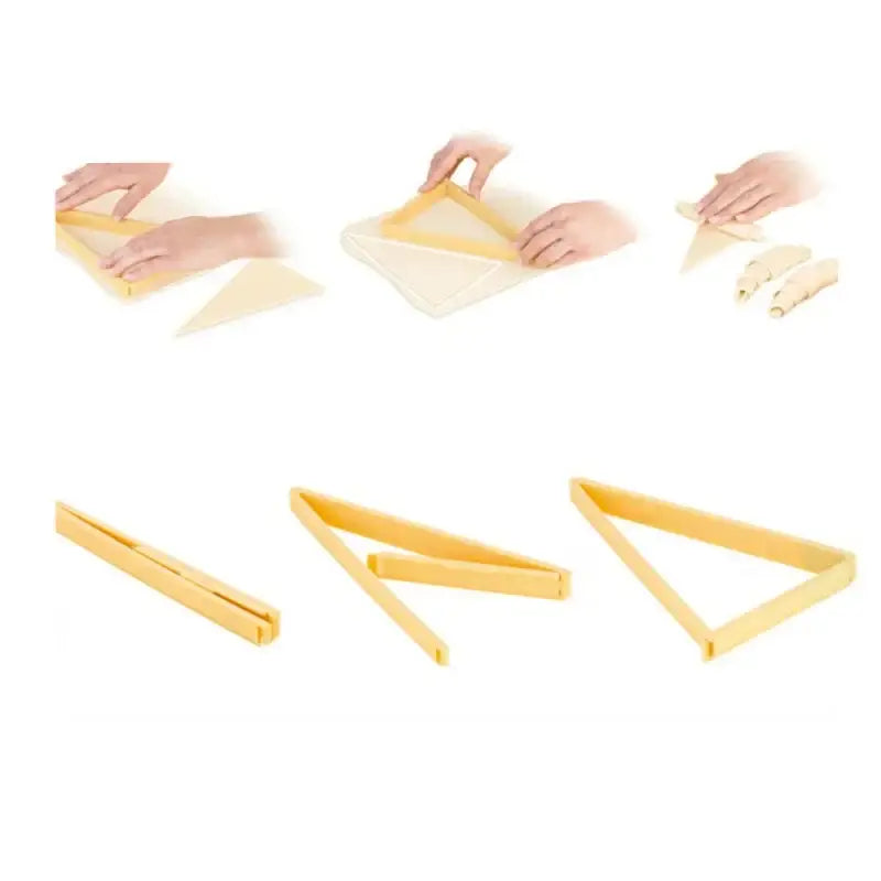 Yellow triangular pasta cutter set shown with pink silicone decorbites croissant maker kitchen pastry tools