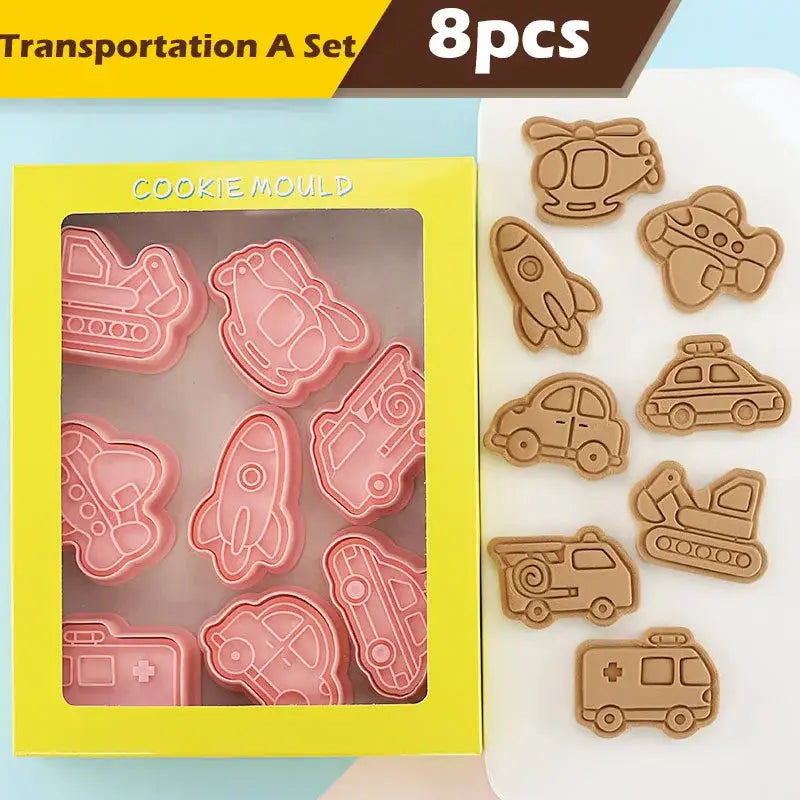 Set of eight pink and brown silicone truck cookie cutters set shaped like various engineering vehicle designs