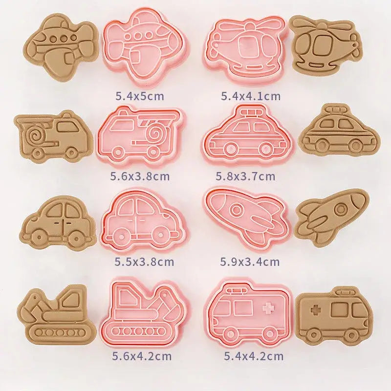 Set of twelve pink and beige silicone vehicle and aircraft truck cookie cutters set for engineering truck cookie designs