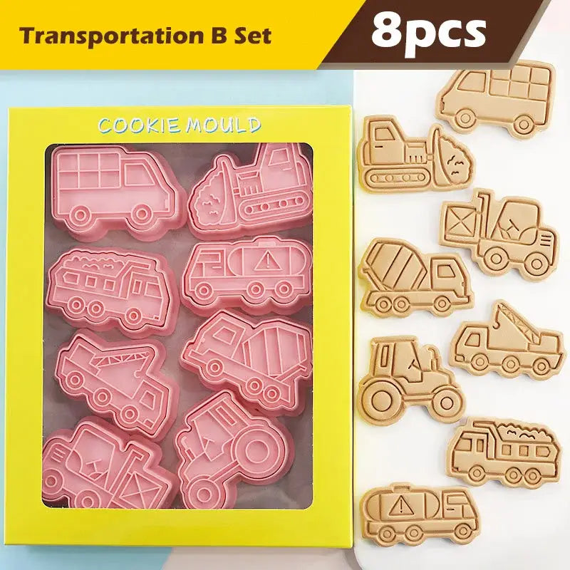 Set of eight pink and beige silicone truck cookie cutters set shaped like various engineering vehicles for baking