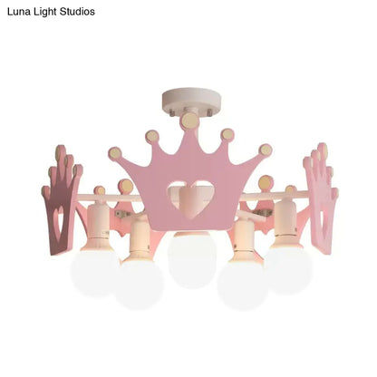DecorBites™ DecorBites™ Pink Sputnik Semi Flush Mount Ceiling Light - Nordic Style with 6 Metal Bulbs and Wooden Crown Deco