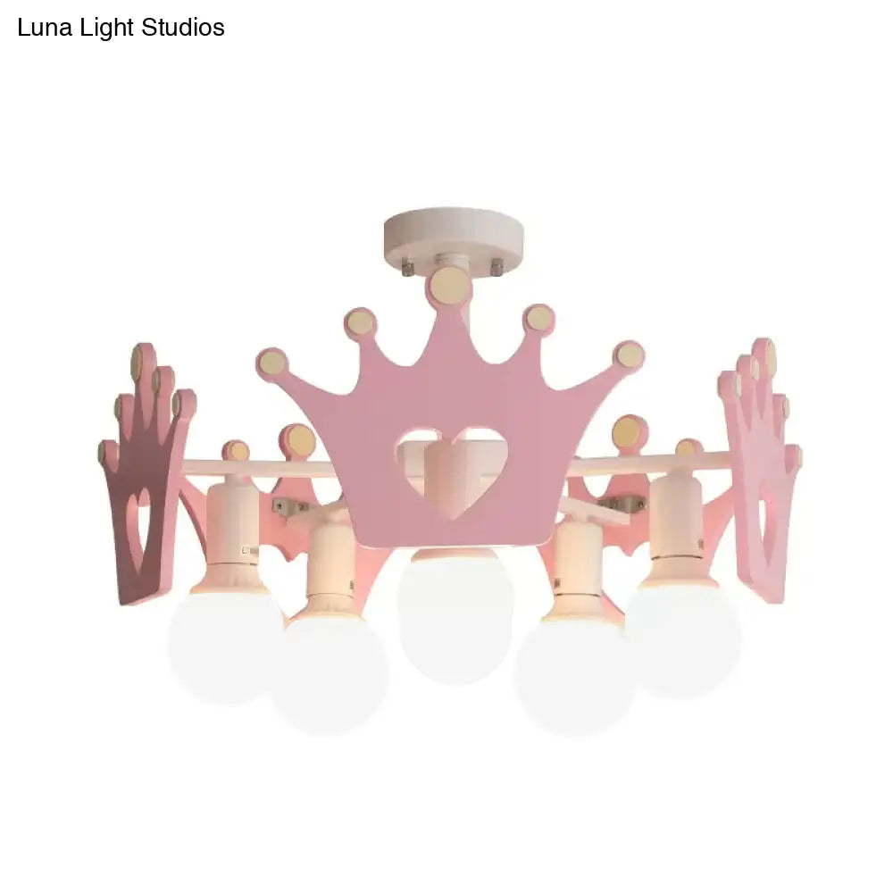 DecorBites™ DecorBites™ Pink Sputnik Semi Flush Mount Ceiling Light - Nordic Style with 6 Metal Bulbs and Wooden Crown Deco